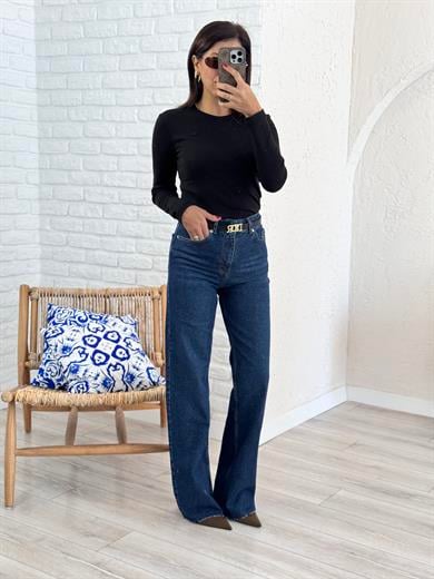 Kesik Paça Straght Jean Koyu Mavi