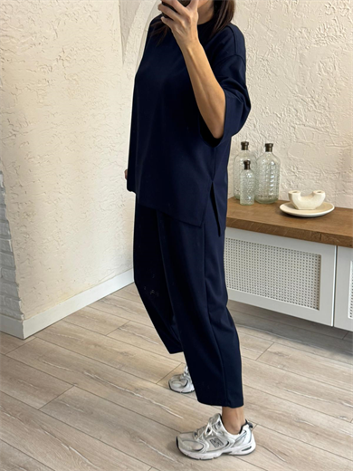 Kısa Kollu Yan Yırtmaçlı Şalvarlı Modal Takım  Lacivert