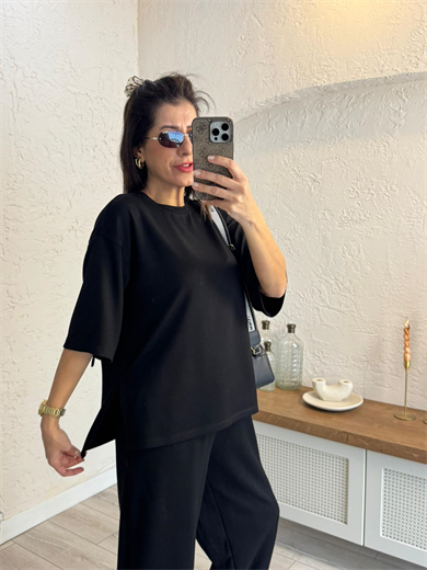 Kısa Kollu Yan Yırtmaçlı Şalvarlı Modal Takım Siyah