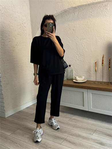 Kısa Kollu Yan Yırtmaçlı Şalvarlı Modal Takım Siyah