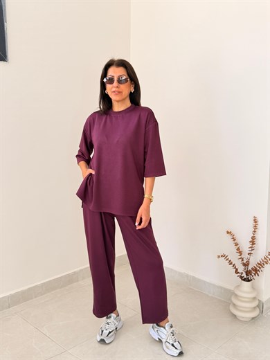Kısa Kollu Yan Yırtmaçlı Şalvarlı Modal Takım Bordo