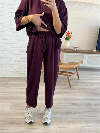Kısa Kollu Yan Yırtmaçlı Şalvarlı Modal Takım Bordo