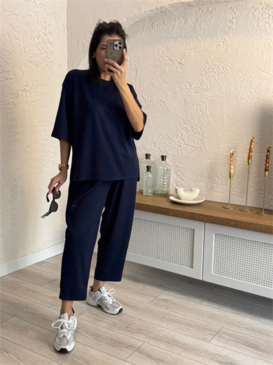 Kısa Kollu Yan Yırtmaçlı Şalvarlı Modal Takım  Lacivert