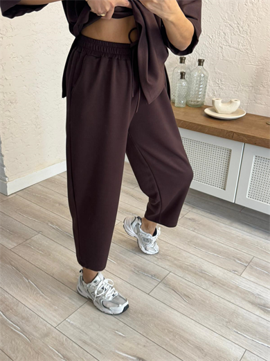 Kısa Kollu Yan Yırtmaçlı Şalvarlı Modal Takım  Kahve