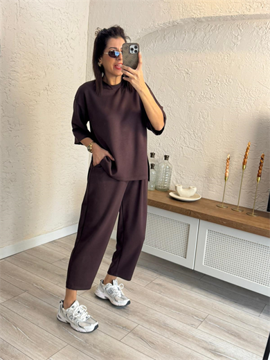 Kısa Kollu Yan Yırtmaçlı Şalvarlı Modal Takım  Kahve
