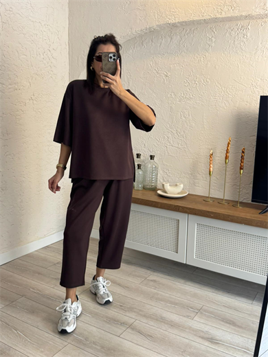 Kısa Kollu Yan Yırtmaçlı Şalvarlı Modal Takım  Kahve