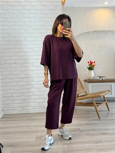 Kısa Kollu Yan Yırtmaçlı Şalvarlı Modal Takım Bordo