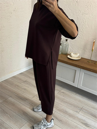 Kısa Kollu Yan Yırtmaçlı Şalvarlı Modal Takım  Kahve