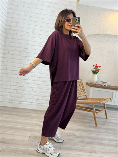 Kısa Kollu Yan Yırtmaçlı Şalvarlı Modal Takım Bordo