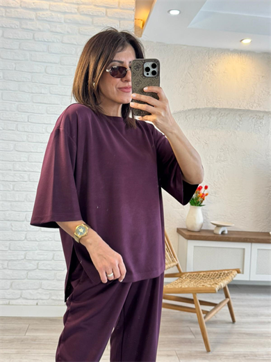 Kısa Kollu Yan Yırtmaçlı Şalvarlı Modal Takım Bordo