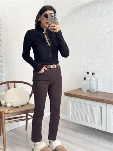 Koyu kahve kesik paça boyfit jean