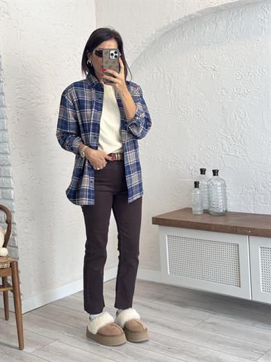 Koyu kahve kesik paça boyfit jean