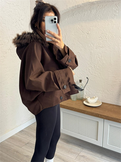 Kürk Kapşonlu Parka Kahve