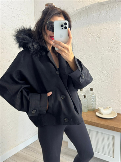 Kürk Kapşonlu Parka Siyah