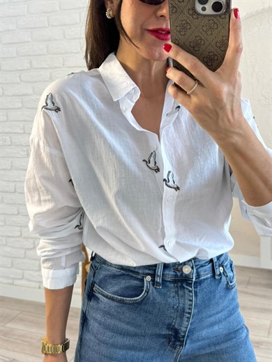 Kuş Nakışlı Pamuklu Gömlek Beyaz