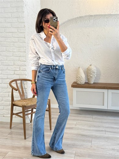 Kuş Nakışlı Pamuklu Gömlek Beyaz