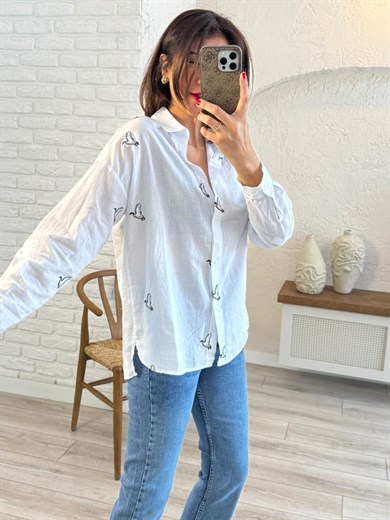 Kuş Nakışlı Pamuklu Gömlek Beyaz