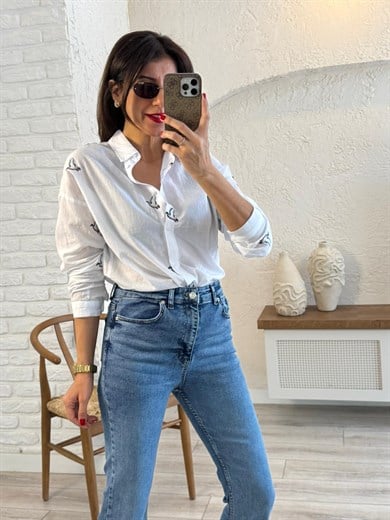 Kuş Nakışlı Pamuklu Gömlek Beyaz