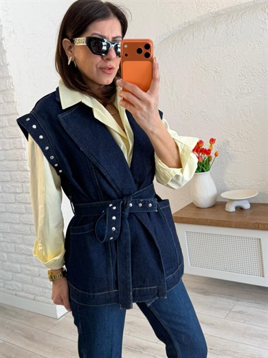 Kuşaklı Drop Detaylı Oversıze Yelek Blue Denim
