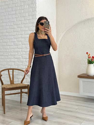 Lacivert Kare Yaka Midi Boy Kemerli Denim Elbise
