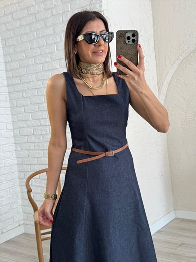 Lacivert Kare Yaka Midi Boy Kemerli Denim Elbise