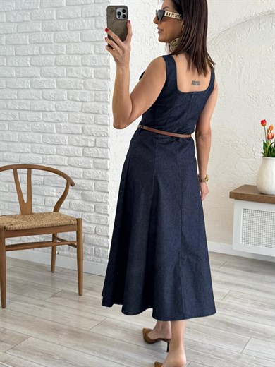 Lacivert Kare Yaka Midi Boy Kemerli Denim Elbise