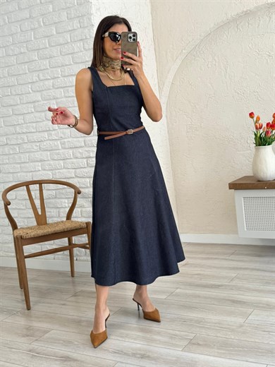 Lacivert Kare Yaka Midi Boy Kemerli Denim Elbise