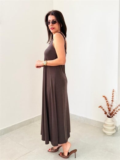 Lastik Askılı Pike Modal Elbise Eskitme Kahve