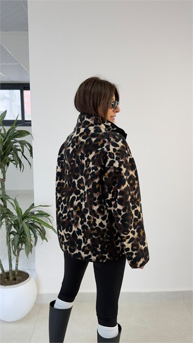 Leopar Desenli Fermuarlı Polar Ceket