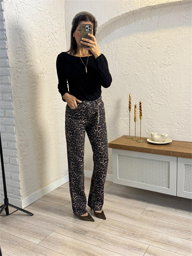 Leopar Desenli Straight Jean Kahve
