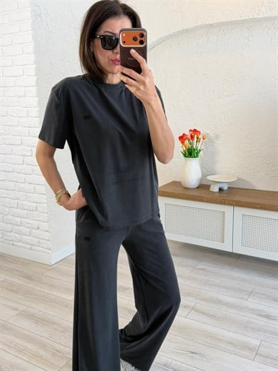 Lüx Kalite Bisiklet Yaka Palazzo Pantalonlu Takım Siyah 