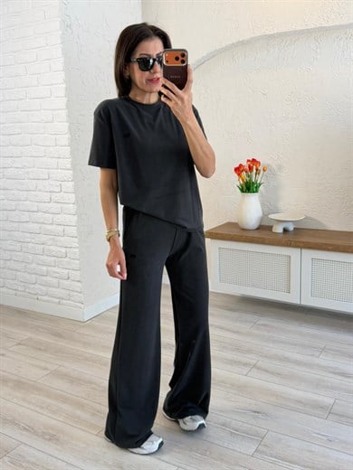 Lüx Kalite Bisiklet Yaka Palazzo Pantalonlu Takım Siyah 