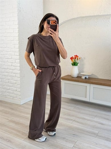Lüx Kalite Bisiklet Yaka Palazzo Pantalonlu Takım Kahve 