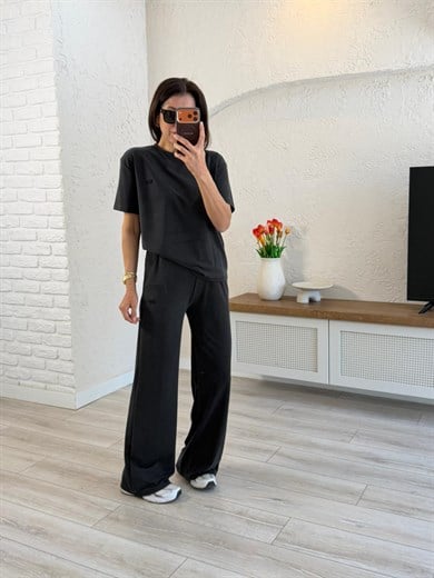 Lüx Kalite Bisiklet Yaka Palazzo Pantalonlu Takım Siyah 