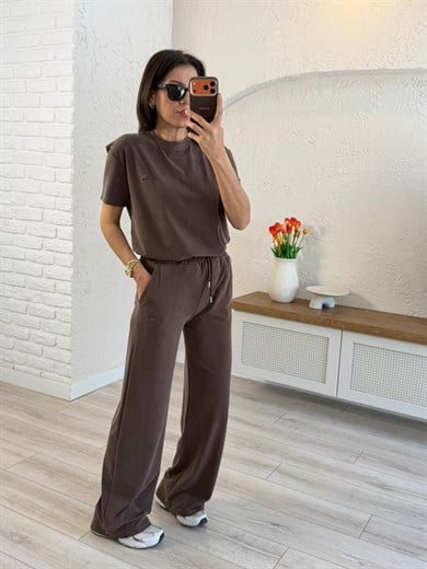 Lüx Kalite Bisiklet Yaka Palazzo Pantalonlu Takım Kahve 