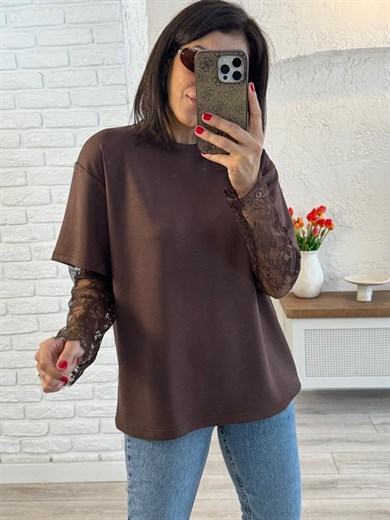 Lüx Kalite Kolu Dantelli Modal Kumaş Tişört Kahve 