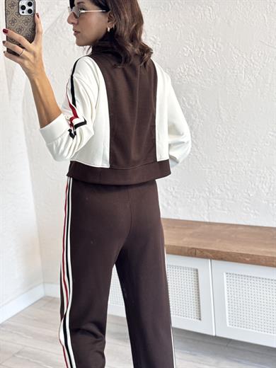 Lüx Kalite Şeritli  Ceketli Takım Acı Kahve