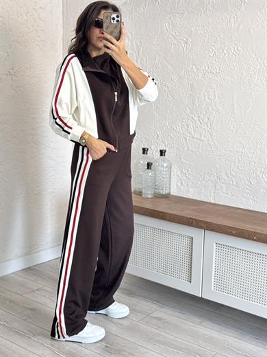 Lüx Kalite Şeritli  Ceketli Takım Acı Kahve