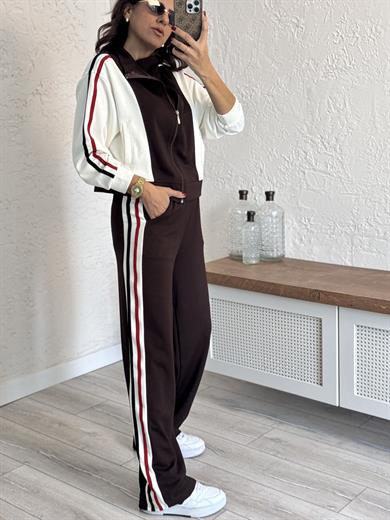 Lüx Kalite Şeritli  Ceketli Takım Acı Kahve