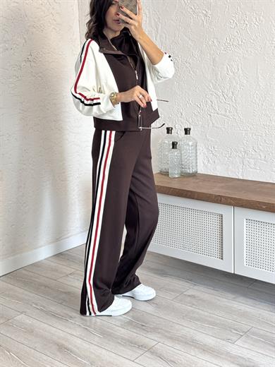 Lüx Kalite Şeritli  Ceketli Takım Acı Kahve