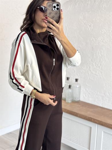 Lüx Kalite Şeritli  Ceketli Takım Acı Kahve