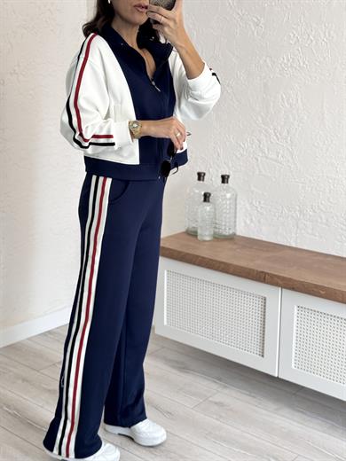 Lüx Kalite Şeritli Licralı Ceketli Takım Lacivert