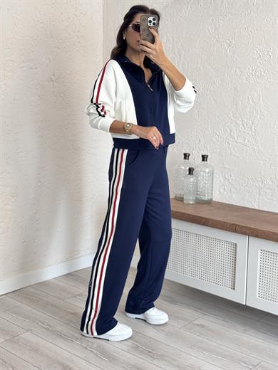 Lüx Kalite Şeritli Licralı Ceketli Takım Lacivert