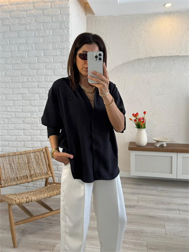 Lüx Kalite Tensel Kumaş Nakışlı V Yaka Gömlek Siyah