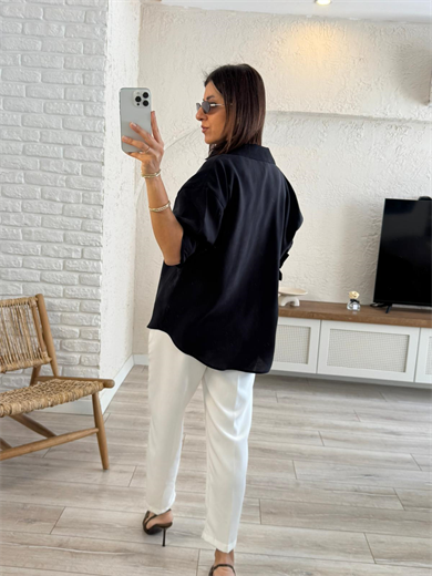 Lüx Kalite Tensel Kumaş Nakışlı V Yaka Gömlek Siyah