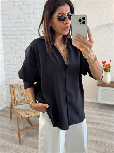 Lüx Kalite Tensel Kumaş Nakışlı V Yaka Gömlek Siyah