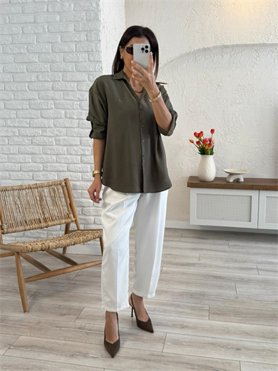 Lüx Kalite Tensel Kumaş Nakışlı V Yaka Gömlek Haki