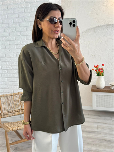 Lüx Kalite Tensel Kumaş Nakışlı V Yaka Gömlek Haki