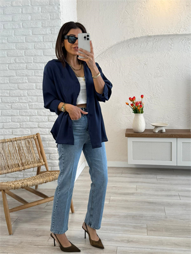 Lüx Kalite Tensel Kumaş Nakışlı V Yaka Gömlek Lacivert