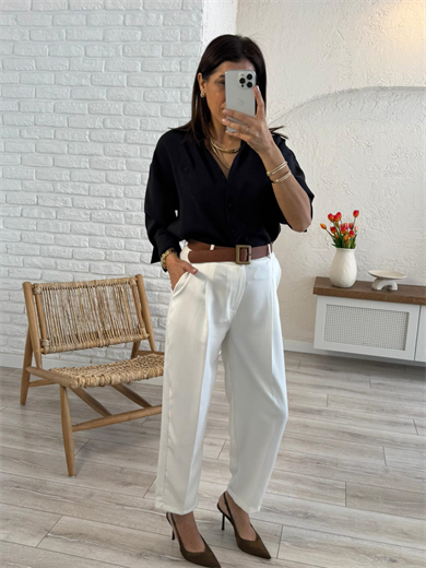 Lüx Kalite Tensel Kumaş Nakışlı V Yaka Gömlek Siyah